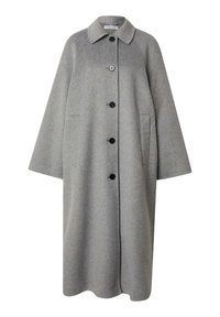 Langer grauer Wollmantel mit einem Kragenhals, vorderem Knopfverschluss und zwei seitlichen Taschen. Verfügt über eine weiche, strukturierte Oberfläche und weite Ärmel.