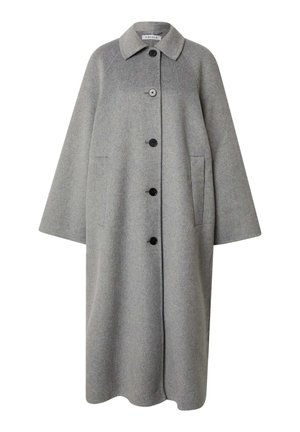 Long grey wool coat with a collared neckline, front button closure, and two side pockets. Features a soft, textured finish and wide sleeves.