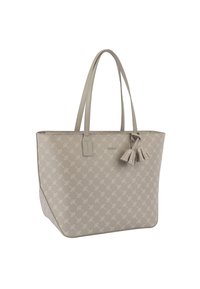 Borsa tote beige con un motivo testurizzato e doppie cinghie, caratterizzata da un tassello decorativo e un sottile logo del marchio sul lato.