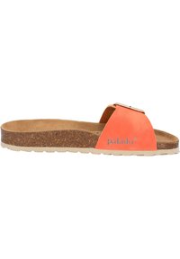 Oranje schuifsandaal met een kurken voetbed, een gestructureerde rubberen zool en een metalen gespaccent. Het merklogo "palado" is zichtbaar op de band.
