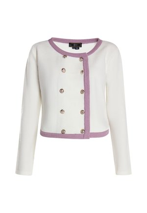 Weißer, kurzer Cardigan mit langen Ärmeln, lavendelfarbenem Saum und runden, metallischen Knöpfen. Weicher Stoff mit glatter Textur.