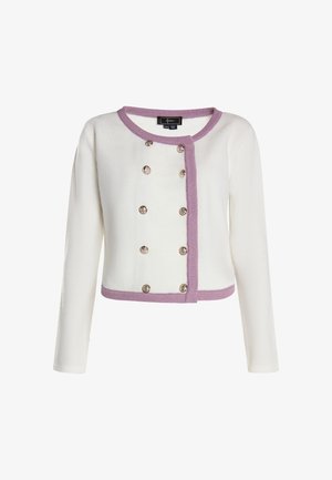 Witte cropped cardigan met lange mouwen, lila rand en ronde metalen knopen. Zachte stof met een gladde textuur.