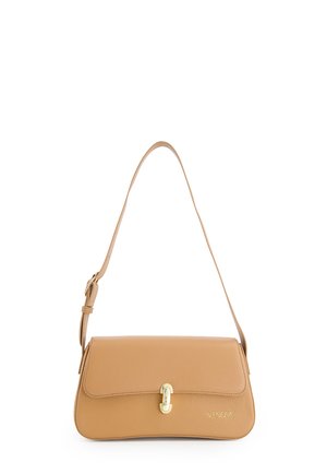 Brązowa skórzana torba na ramię z regulowanym paskiem, złotym zapięciem i logo "VENEZIA" na przednim rogu.