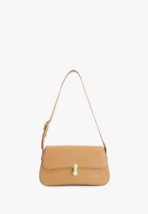 Skuldertaske i lysebrunt læder med justerbar strop, guldtonet spænde og "VENEZIA" logo på den forreste hjørne.