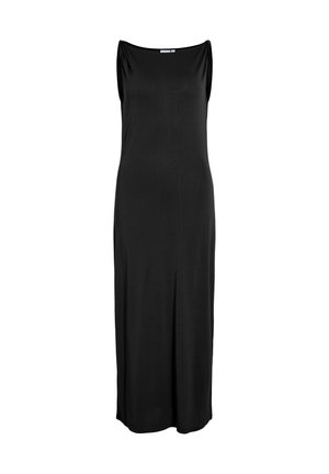 Robe longue noire sans manches avec une coupe droite et un large décolleté bateau, présentée sur un fond blanc.