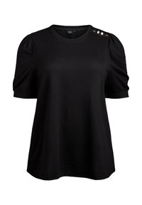 T-shirt nero a maniche corte con scollatura rotonda, maniche a sbuffo e dettagli con bottoni sulla spalla. Tessuto morbido.