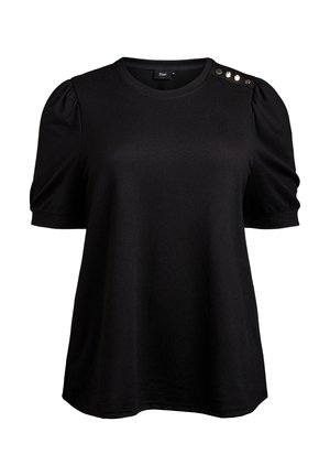 Black short-sleeve t-shirt featuring a round neckline, puffed sleeves, and button accents on the shoulder. Soft fabric texture.