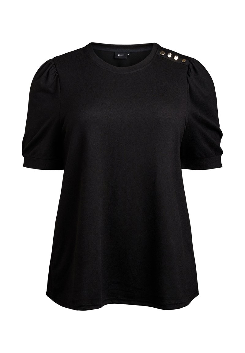 T-shirt nero a maniche corte con scollatura rotonda, maniche a sbuffo e dettagli con bottoni sulla spalla. Tessuto morbido.