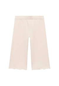 Shorts en coton beige clair avec une texture côtelée, présentant un ourlet festonné et une taille élastique pour plus de confort.
