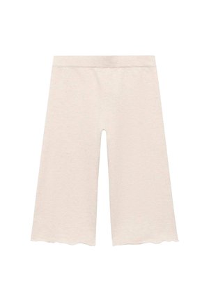 Shorts en coton beige clair avec une texture côtelée, présentant un ourlet festonné et une taille élastique pour plus de confort.