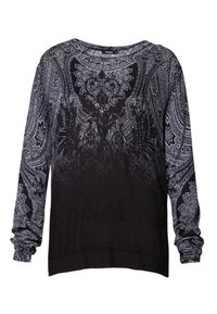 Schwarzer Pullover mit einem detaillierten Paisleymuster in Grautönen. Lange Ärmel, runder Ausschnitt und gerippte Bündchen sowie Saum.