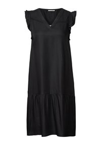 Schwarzes ärmelloses Kleid mit V-Ausschnitt, Rüschendetails an den Schultern und einem gestuften Saum. Aus glattem Stoff mit lockerer Passform gefertigt.