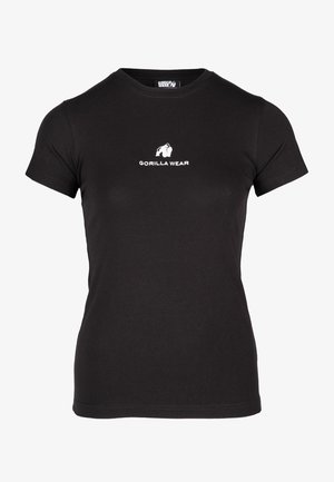 Zwarte T-shirt met korte mouwen van katoen, met een wit "GORILLA WEAR" logo en een gorilla afbeelding op de borst. Klassieke pasvorm.