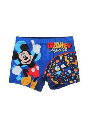 Shorts de bain bleus avec Mickey Mouse, dotés de motifs graphiques comprenant des formes colorées et des icônes, en matériau doux et avec une ceinture élastique.