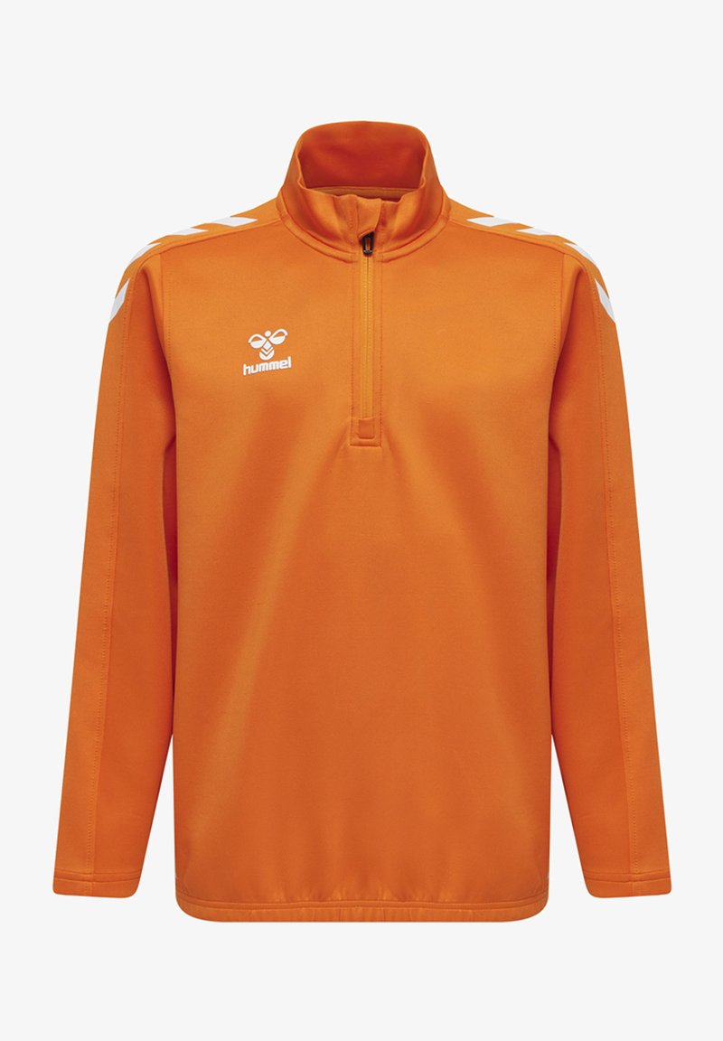 Pomarańczowa bluzka z długim rękawem, wykonana z gładkiego materiału, z rozciąganym kołnierzem na zamek błyskawiczny, z białymi akcentami i małym logo z przodu.
