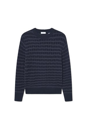 Marineblauwe gebreide sweater met een textuurpatroon van afwisselende horizontale strepen. Ribgebreide cuffs en een halslijn, gemaakt van een zachte stof.