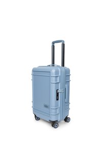 Valise rigide bleu clair avec quatre roues pivotantes, poignée rétractable, poignée latérale et serrure à combinaison intégrée.