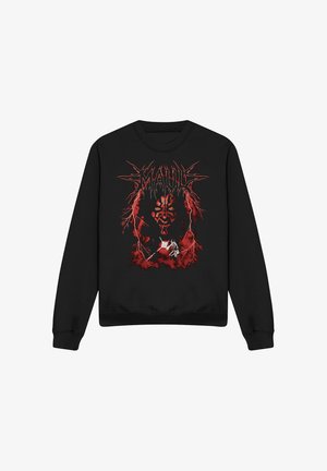 Schwarzer Sweatshirt mit roter Grafik eines bedrohlichen Gesichts, Blitz und einer kleinen Figur mit einer Waffe vor rotem Rauch unter dem Wort "MAUL."