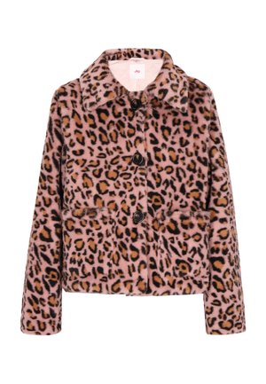 Jacke mit Leopardenmuster aus pinkem Kunstfell, Knopfverschluss und zwei vorderen Taschen. Mit Kragen und langen Ärmeln.