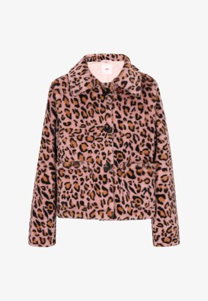 Leopardų rašto švarkas, pagamintas iš rožinio dirbtinio kailio, su mygtukų uždarymu ir dviem priekinėmis kišenėmis. Su apykakle, ilgomis rankovėmis.