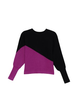 Jersey de punto con un diseño diagonal, en colores negro y fucsia, escote redondo y mangas largas con puños de canalé.