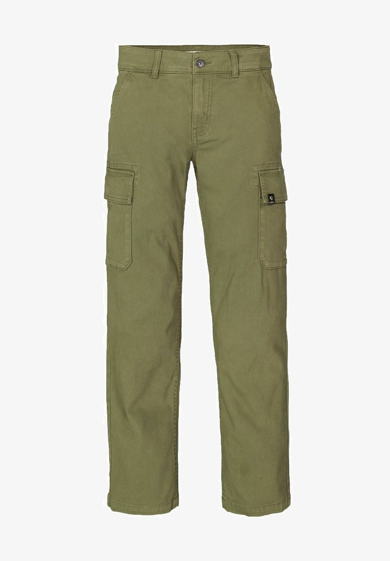 Men's olive green cargo pants with two side flap pockets, front pockets, belt loops, and button closure.