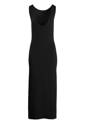 Robe noire sans manches avec un décolleté arrondi, fabriquée en tissu lisse, présentant un design ajusté et une coupe longueur cheville.