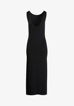 Schwarzes ärmelloses Kleid mit Rundhalsausschnitt, aus glattem Stoff gefertigt, mit einer figurbetonten Passform und knöchellanger Cut.