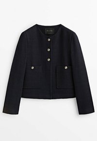 Laivastonsininen, teksturoidusta kankaasta valmistettu lyhyt takki, jossa on pyöreä pääntie, kuusi kiiltävää hopeanväristä nappia ja kaksi etutaskua.