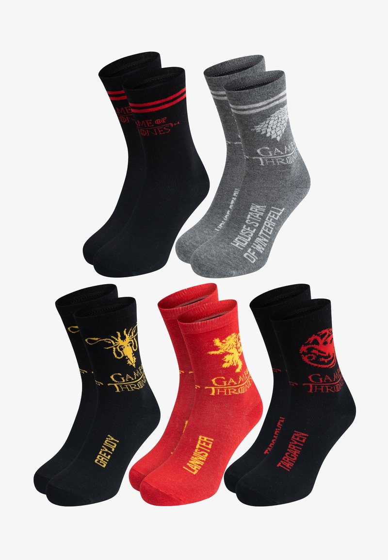 Four pairs of Game of Thrones-themed socks featuring different colors: black with red accents, gray, red, and black with house sigils and text.