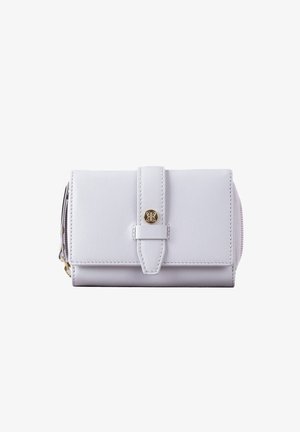 Light grey leather wallet with a snap closure, featuring a stitched design and a gold-tone hardware accent on the front.