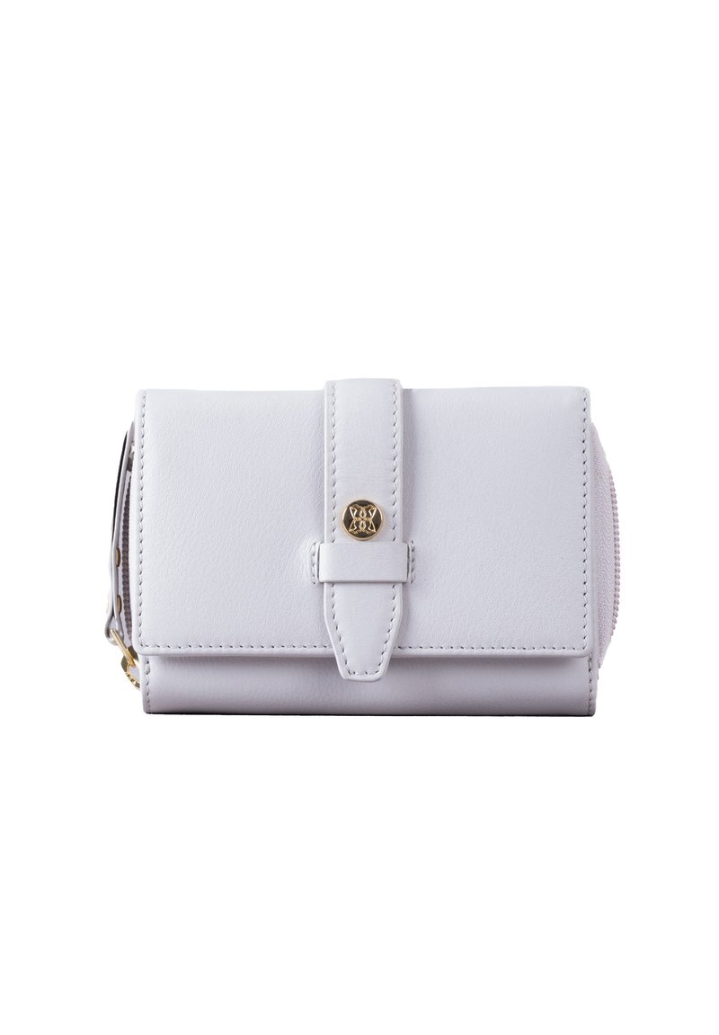 Light grey leather wallet with a snap closure, featuring a stitched design and a gold-tone hardware accent on the front.