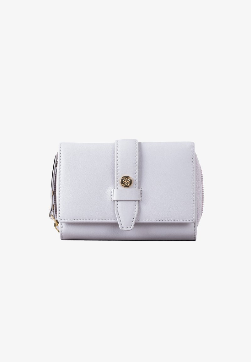 Light grey leather wallet with a snap closure, featuring a stitched design and a gold-tone hardware accent on the front.