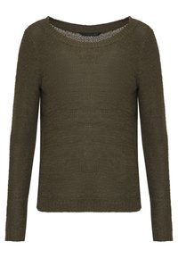 Olivově zelený pletený svetr s žebrovaným výstřihem, dlouhými rukávy a strukturovanou tkaninou. Má lehkou konstrukci a volný střih.