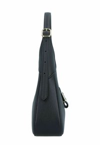 Borsa in pelle nera con finitura testurizzata, dotata di una singola tracolla regolabile e hardware color oro. Design elegante e minimalista.