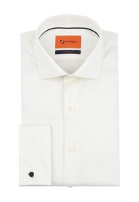 Witte overhemd met een klassieke kraag, dubbele manchetten en knoopsluiting. Heeft een marineblauwe accent op de manchetten en een merketiket.