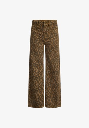 Leopardprint wijde broek in bruin en zwart. Gemaakt van een gestructureerde stof met een hoge taille en vijf-pocket ontwerp. Traditionele knoopsluiting.