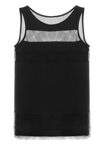 Zwarte mouwloze tanktop van een gladde stof met gaaspanelen aan de boven- en onderkant voor ventilatie. Heeft een ronde halslijn.