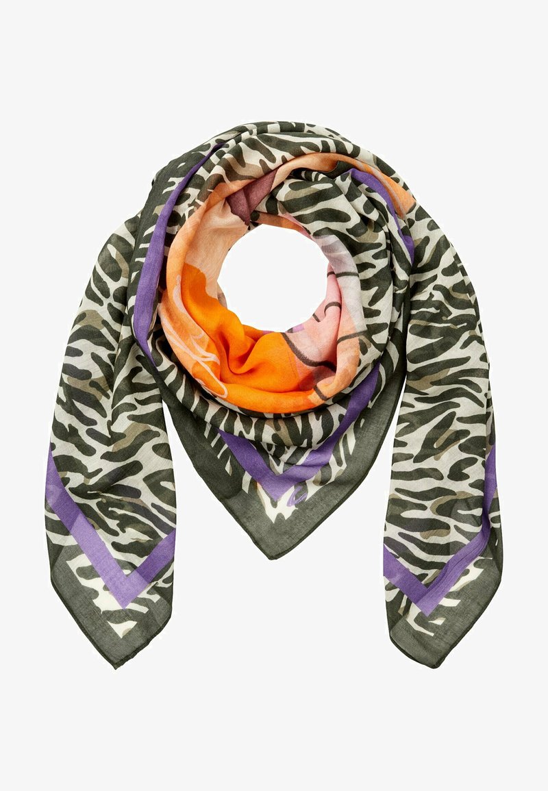 Lichte sjaal met een grijs en beige dierenprint, met oranje, roze en paarse accenten langs de randen en zijkanten.