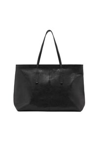 Sac fourre-tout en cuir noir avec deux longues poignées, présentant une texture lisse et un design minimaliste, de forme rectangulaire et sans matériel visible.