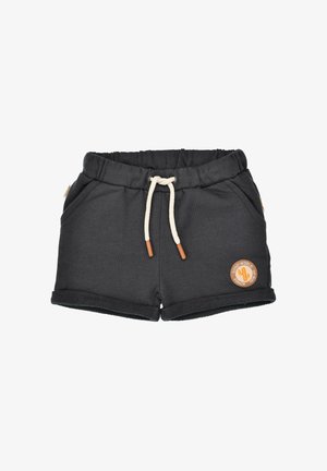 Dark gray children's shorts with elastic waist and white drawstring, folded hems, side pockets, and a round cactus patch on the leg.