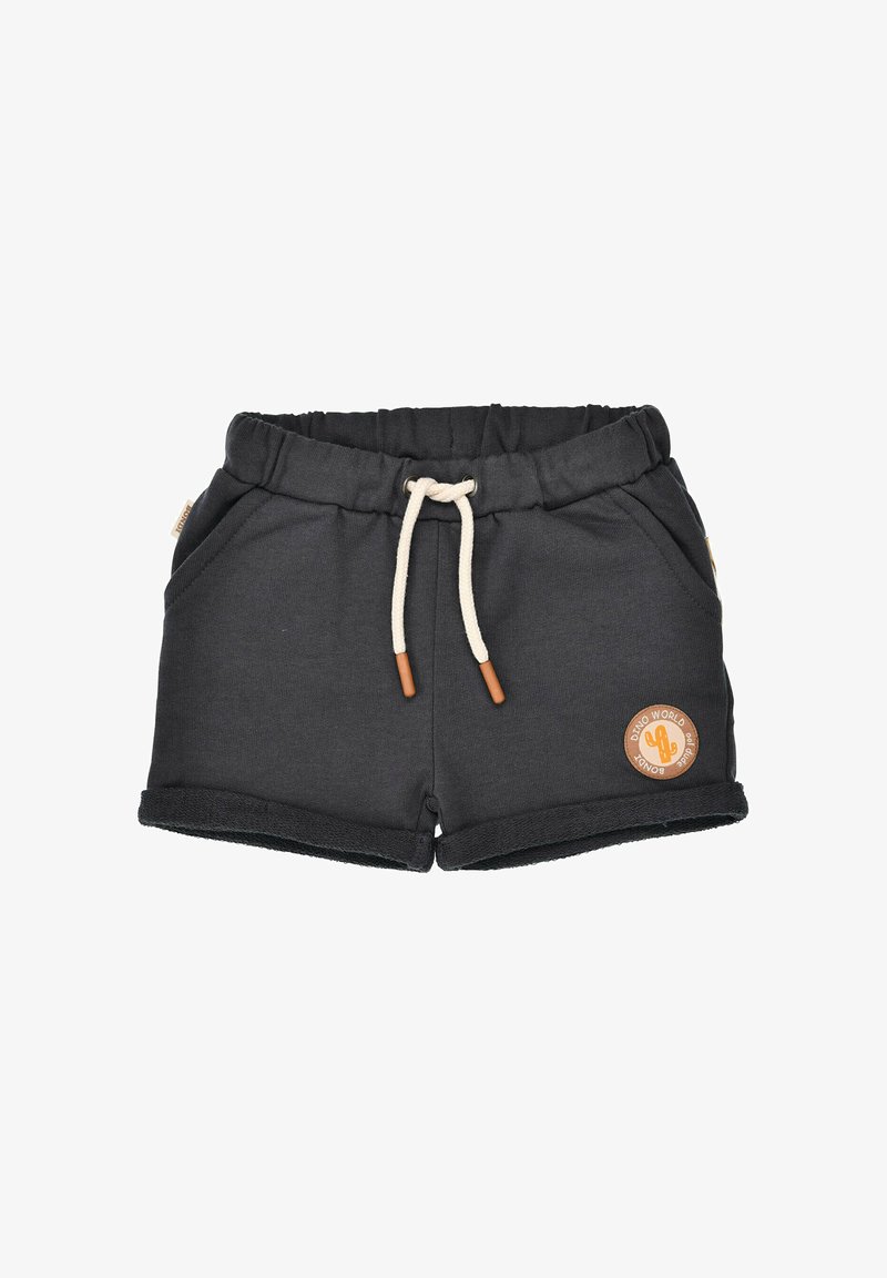 Shorts pour enfants gris foncé avec taille élastique et cordon blanc, ourlets pliés, poches latérales, et un écusson rond en forme de cactus sur la jambe.