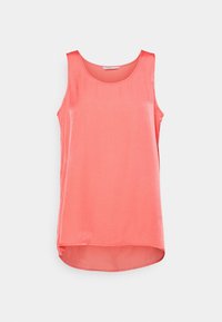 Korallfärgad ärmlös topp med rund halsringning, slät textur och förlängd baktill; tillverkad av lätt, mjukt tyg.