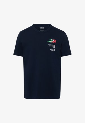 Navy blue cotton T-shirt with short sleeves, featuring embroidered graphics in green, red, and white, and text for Milano Cortina 2026.