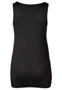 Zwarte mouwloze tanktop van zacht katoen. Bevat een ronde hals en een iets langere achterkant. Vriendelijk textuur zonder extra patronen.