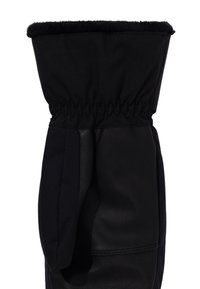 Czarne zimowe rękawice z elastycznym nadgarstkiem i sztucznym futrem przy mankiecie, z teksturowaną skórzaną dłonią dla lepszego chwytu.