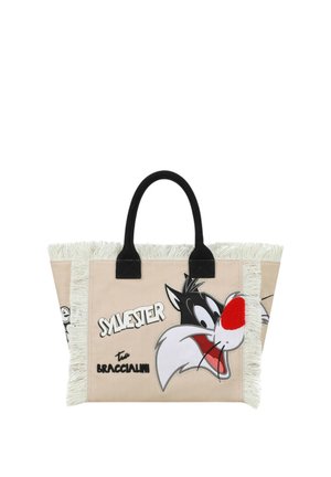 Borsa tote beige con frange bianche, manici neri e una grande faccia di gatto cartone animato Sylvester colorata con le scritte "Sylvester" e "Tua Braccialini."