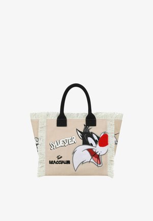 Borsa tote beige con frange bianche, manici neri e una grande faccia di gatto cartone animato Sylvester colorata con le scritte "Sylvester" e "Tua Braccialini."