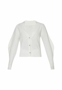 Cardigan bianco a coste con scollo a V, maniche lunghe e bottoni color argento. Realizzato in morbido materiale knit, presenta un design aderente.