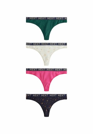 Set med fyra trossar för kvinnor: mörkgrön, krämfärgad med mönster, rosa och mörkblå med guldaccenter. Har elastisk midjeband med "NEXT".